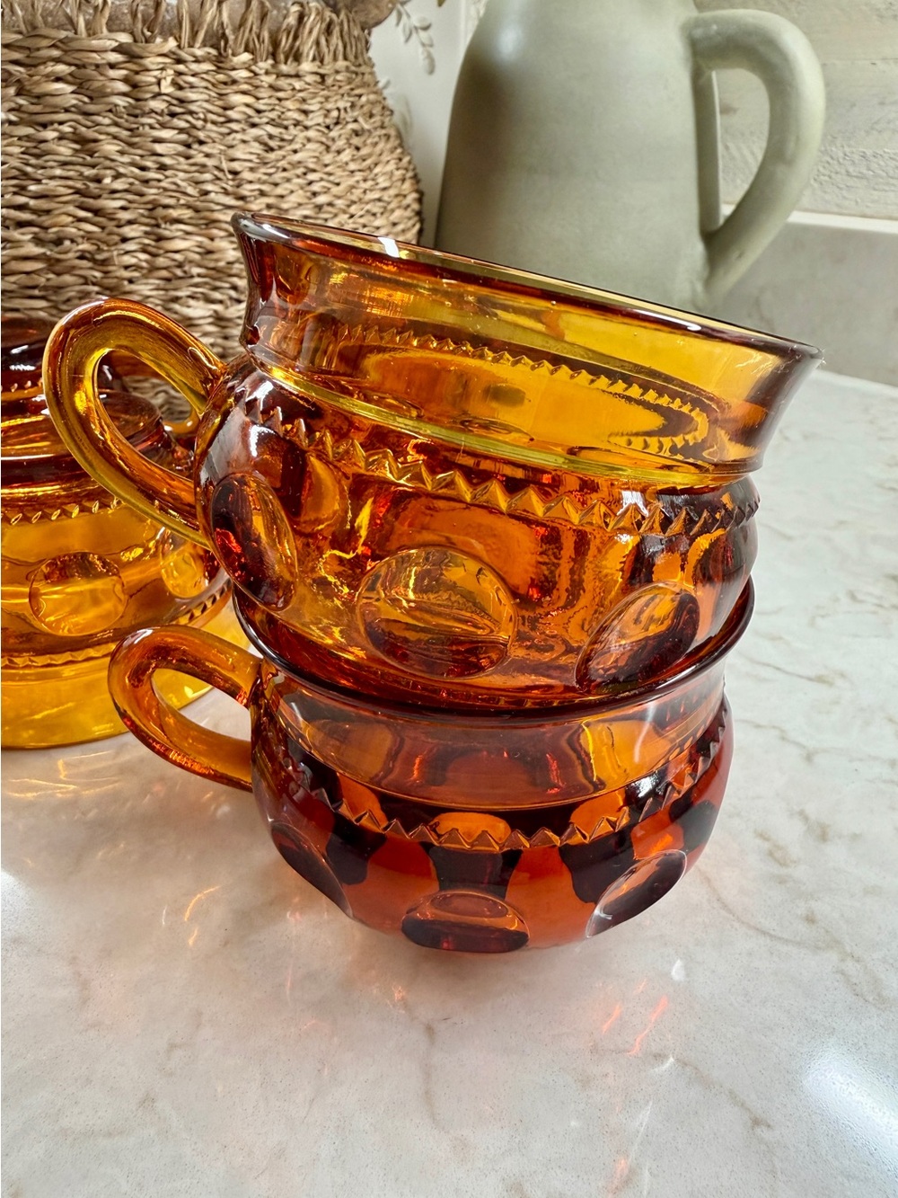 VINTAGE, INDIANA GLASS, KINGS CROWN, THUMBPRINT SERIES. SET/6, AMBER CUPS